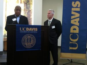 Calvin Handy, UC Davis Police Chief Emeritus, awarding District Attorney Reisig the distinguished leadership award